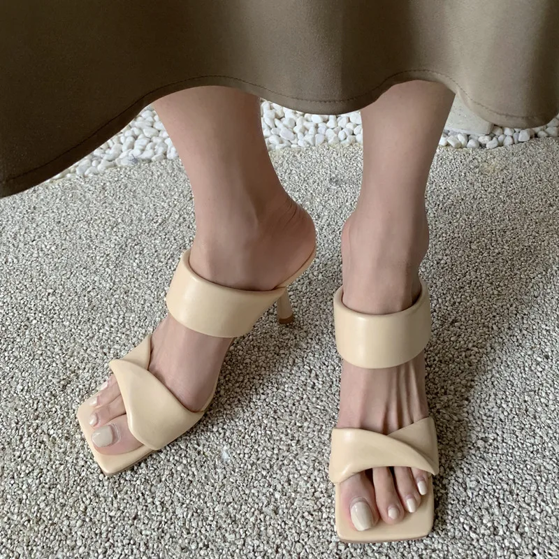 

Concise Design Women Slippers High Heels Shoes Woman Elegant Summer genuine leather Wedding Party Office Female Slippers