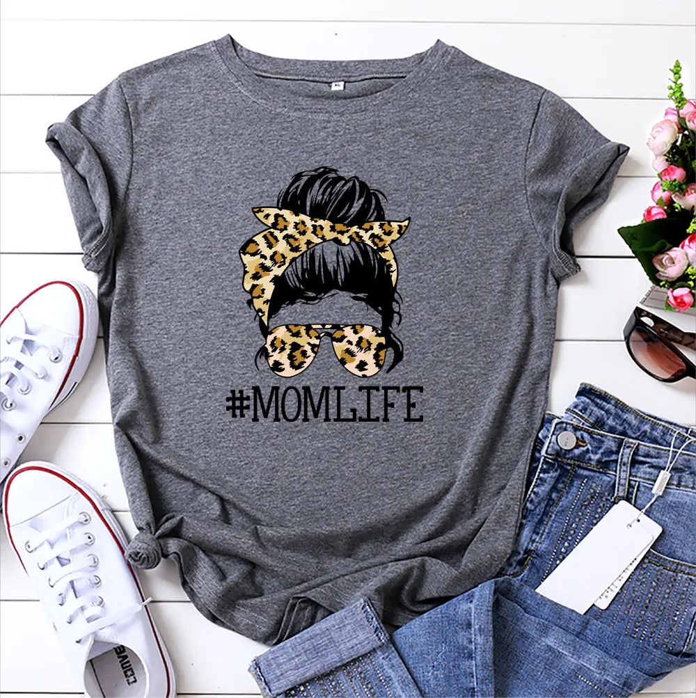 Mom Life Letter Print Women's T Shirt 100% Cotton Short Sleeve Funny Leopard Glasses Graphic Tee Tops Streetwear Woman Tshirt