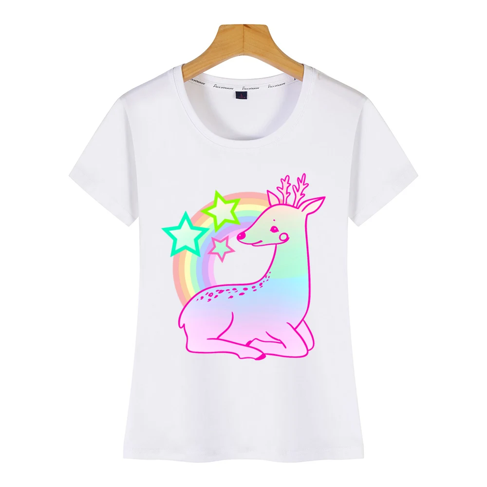 Топы футболка женская kawaii Пастельная Радужная олень в стиле хип-хоп винтажная на