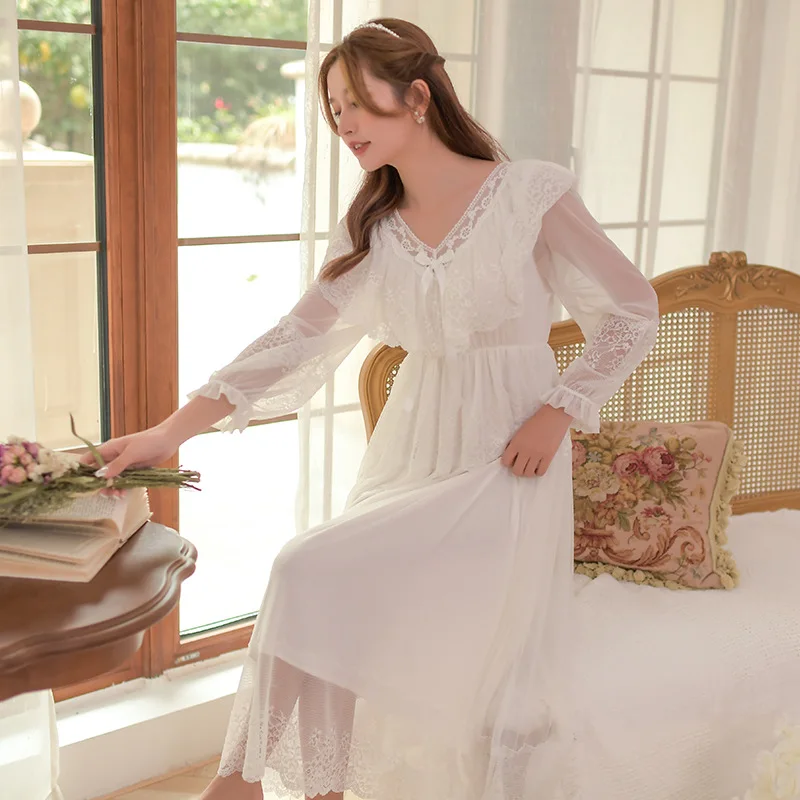 2021 Spring and Autumn Palace Style Nightdres Women's Long Sleeve Sweet White Modal Nightdress Retro French Home Wear Sleep Tops