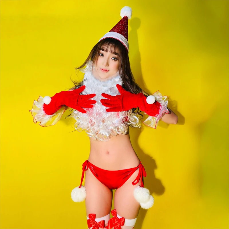 

Christmas Clothing Women Santa Claus Suit Sexy Bikini Gloves Stage Show Outfit Pole Dance Clubwear Gogo Dancer Costume XS3295