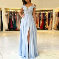 myyble 2020 long evening dress sexy off the shoulder v neck dress party split side backless evening gown with appliques cheap