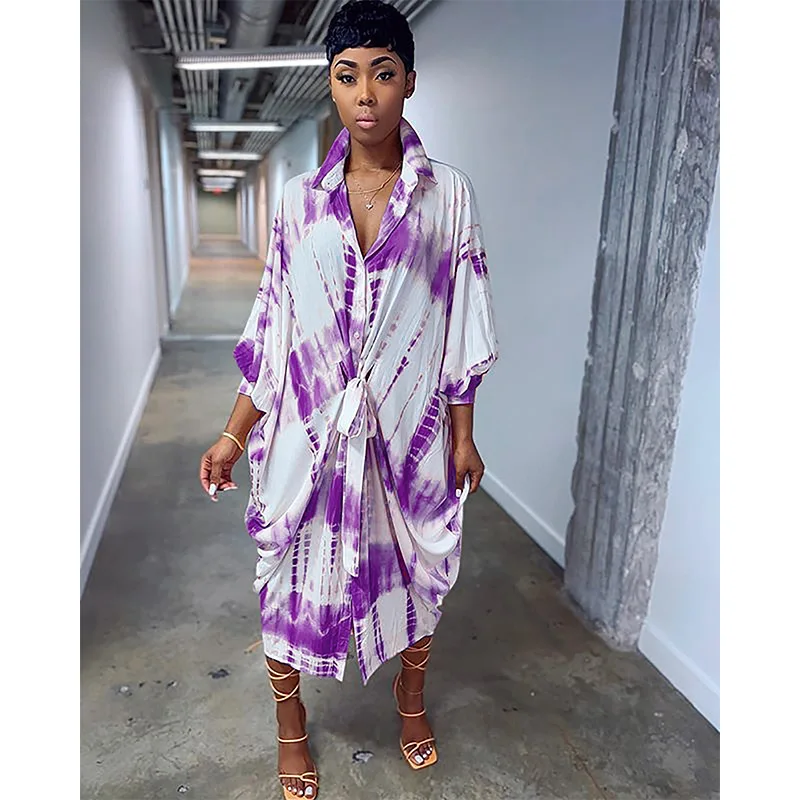 

Women Loose Tie-dye Dress Fashion Casual Long Tie-dye Shirt Dress Women