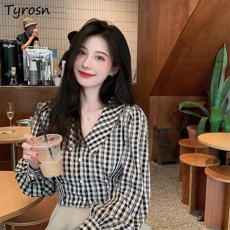 

Plaid Shirts Women Crop Tops All-match Long Sleeve Spring Harajuku Ulzzang Streetwear Tender Female Slimming Vintage Chic Simple