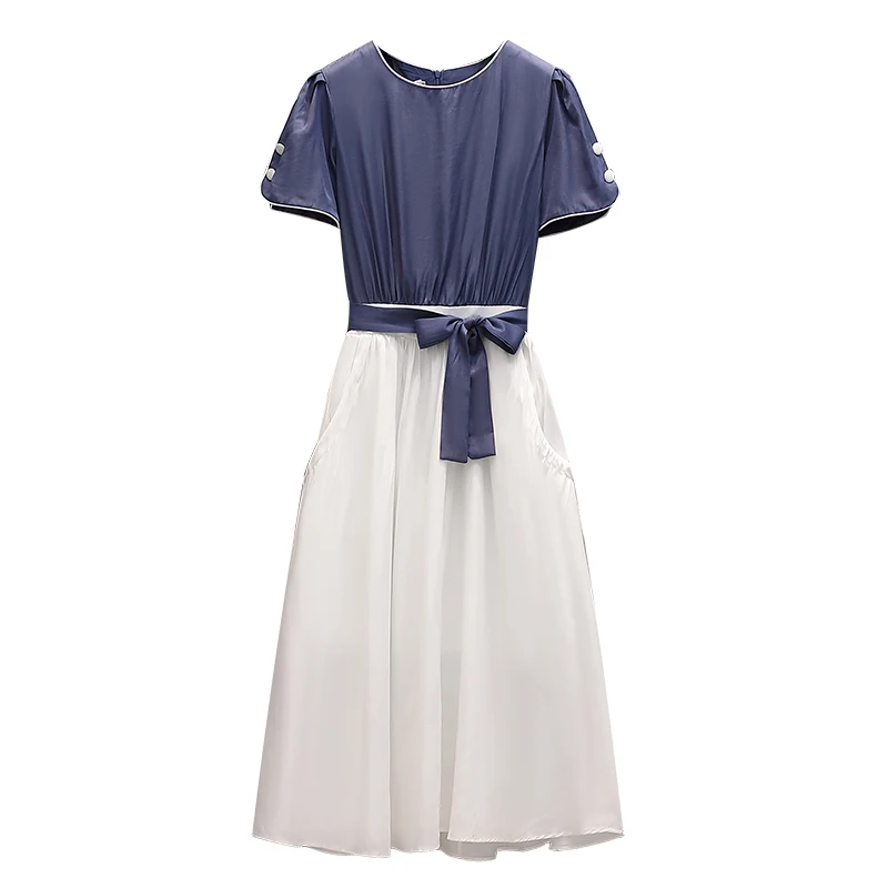 

L-4XL Plus size women Summer elegant fake two dress 2021 blue patchwork white chiffon high waist A-line dress vestidos de fiesta