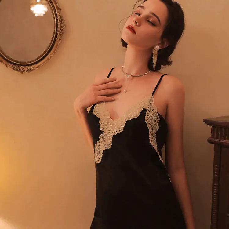 

Yueli high end sexy Avocado Green Velvet nightdress deep V allure French home suspender skirt yl2161