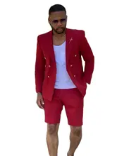 Traje rojo de doble botonadura para hombre, traje de esmoquin Formal con solapa de pico, pantalones cortos para boda, novio, 2 piezas (2)