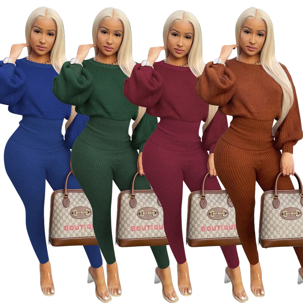 

Casual Wool Bat Sleeve Corset Slim Two Piece Set Women Lounge wear Sweater Pullover Top + Pants Suit Tracksuit Women Outfits