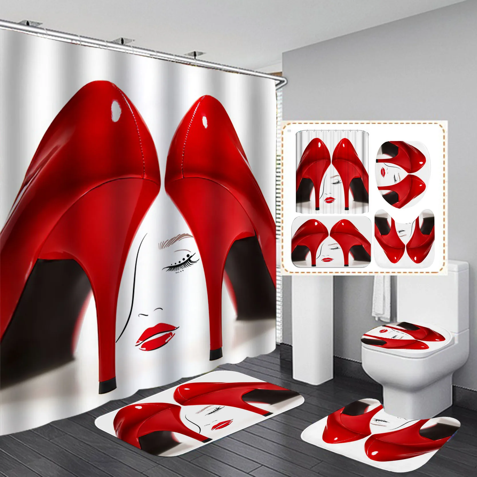 red high heels print shower curtains set cosmo lady style waterproof bath mats rugs for bathroom soft lid cover home decoration free global shipping
