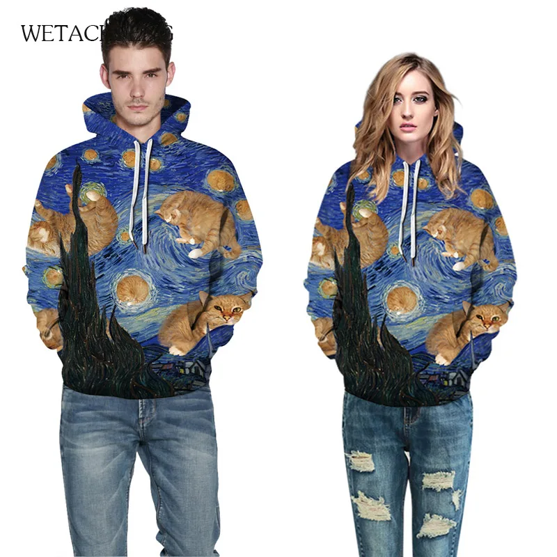 Толстовка с принтом Ван Гога милый кот звездное небо женская мужская толстовка