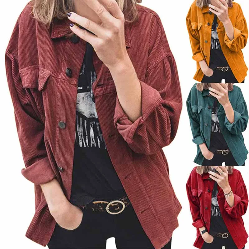 

Spring New Women Solid Corduroy Shirts Jackets Full Sleeve Turn-Down Collar Oversize Coats Casual Autumn Basic Outwear B29