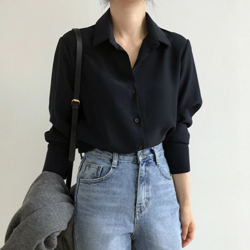 

New Korean Loose Slimming Lazy Women's Shirts Autumn and Winter Women Chiffon Blouse Fashion Black Ol Top Female Feminine 6830