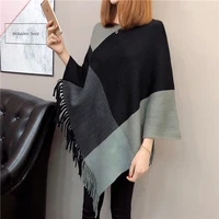 pull femme autumn winter women tassel knitted sweater poncho sexy striped v neck irregular hem casual loose pullover black
