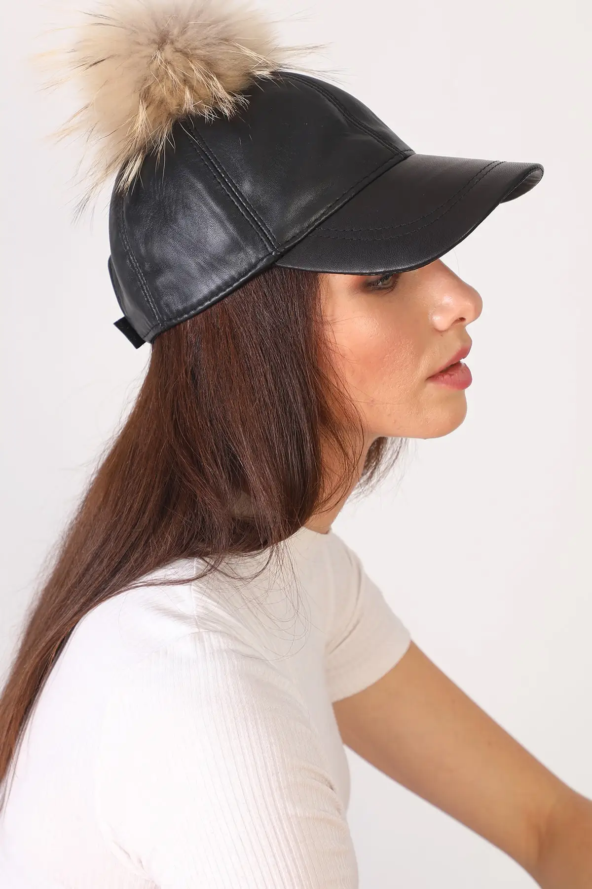 

Women's Black Genuine Leather Pompon Baseball Hat New Fashion 2021