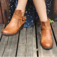 womens handmade leather ankle boots comfortable walking retro martin boots with buckles brown