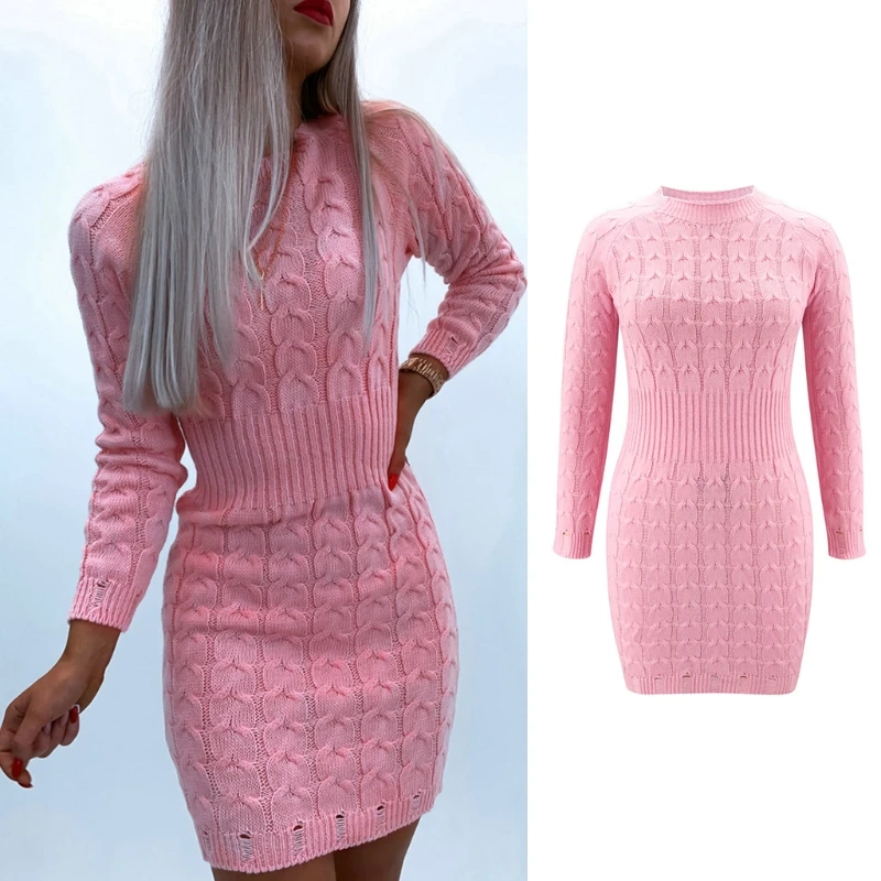 

Женские осенне зимняя одежда с длинным рукавом твист вязаный облегающее мини платье-свитер с О-образным вырезом сплошной Цвет сексуальные ...