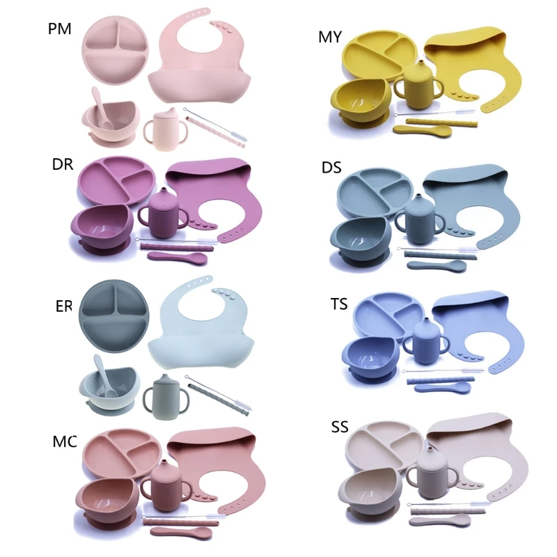 

7pcs/set BPA Free Baby Silicone Tableware Waterproof Bib Solid Color Dinner Plate Sucker Bowl And Spoon For Children