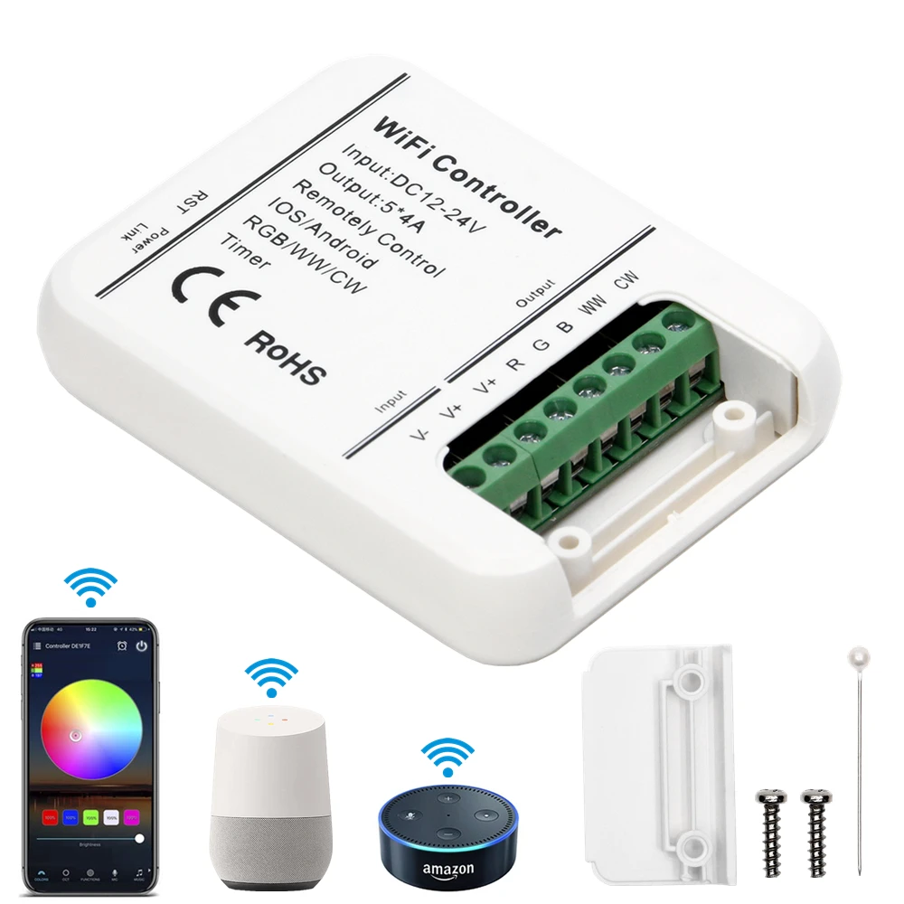 

DC12-24V WIFI RGB CCT LED strip light controller Music controller Smartphone APP Control Amazon Alexa Google Home Voice control