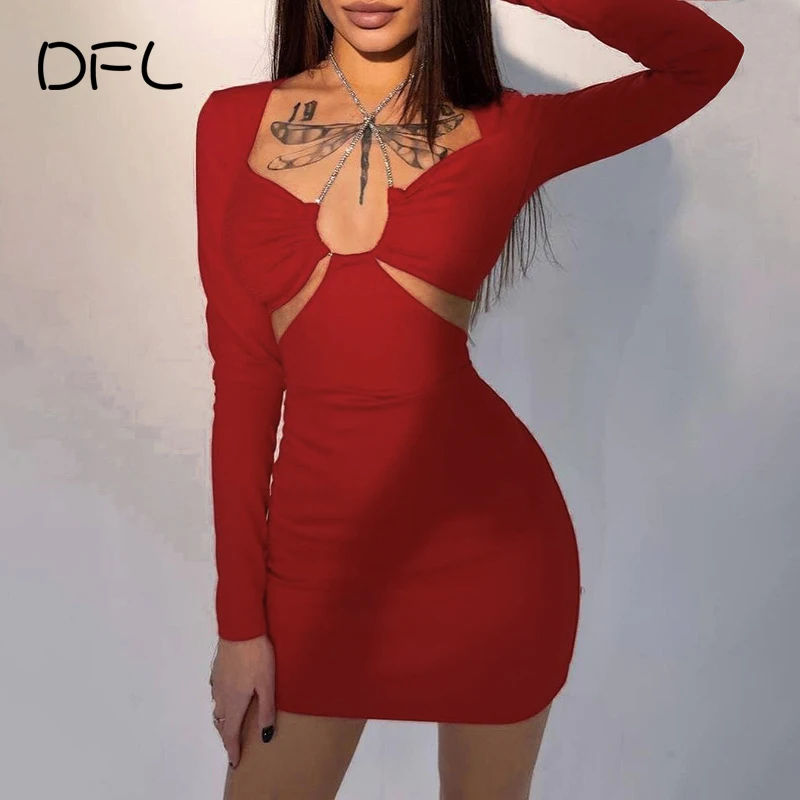 

Женское ажурное платье DFLlifes с лямкой на шее, кружевные однотонные облегающие элегантные платья с длинным рукавом для женщин, соблазнительн...