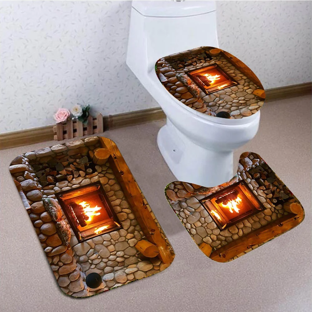 

4Pcs/set Christmas Shower Curtains Bathroom Fireplace Pattern Bath Curtain with Non-Slip Rugs Toilet Lid Cover Bath Mat