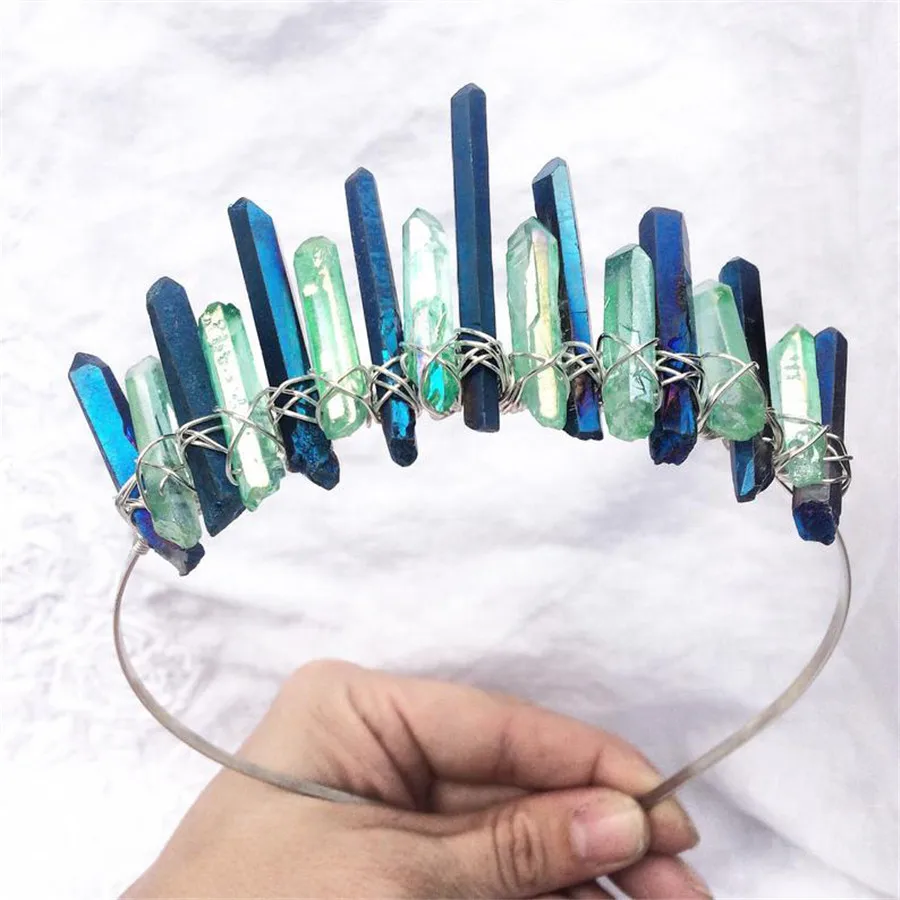 Тиара ручной работы Хрустальная кварцевая корона искусственная синяя