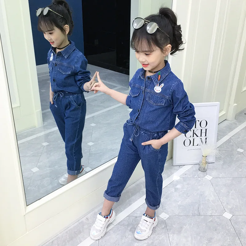 Синие рубашки для девочек 2 предмета Комплект джинсовой одежды куртки и штаны 4 6 8