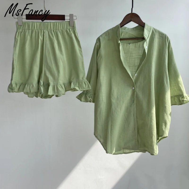msfancy summer shorts sets women cotton 2 piece set 2021 mujer stand collar shirt half sleeve vintage pajamas suit free global shipping