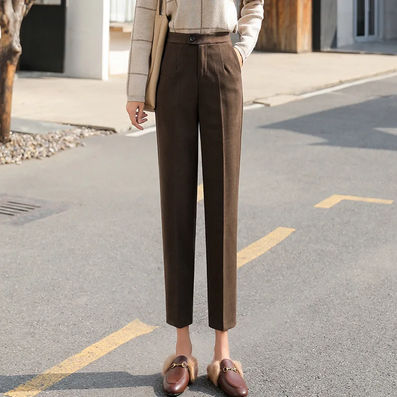 

Wool Pants Women High Waist Autumn Winter Elegant New Fashion Korean Solid Woolen Trousers Slim Fit Office Lady Work Suit Pants