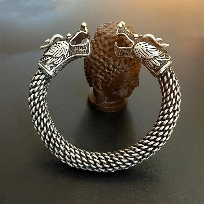 Этнический Ретро Miao серебряный браслет с головой дракона толстый для мужчин и