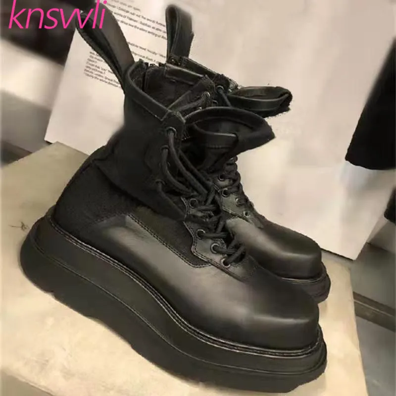 black leather Новинка; Подиумные полусапожки на толстой подошве; женская зимняя обувь на шнуровке с круглым носком; женские ботильоны для женщин из натуральной кожи - Цвет: black leather