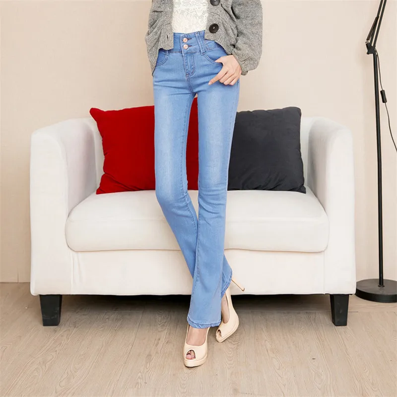 Дышащие Модные расклешенные брюки 2019 новые женские синие джинсы с высокой талией