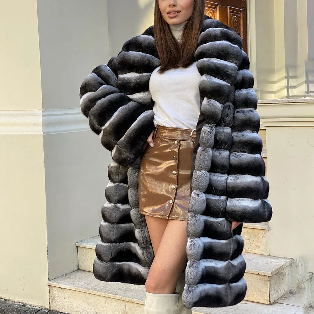 100cm Real Rex Rabbit Fur Coats with Big Lapel Collar 2022 Winter New Woman Natural Rex Rabbit Fur Coat Outwear Chinchilla Color