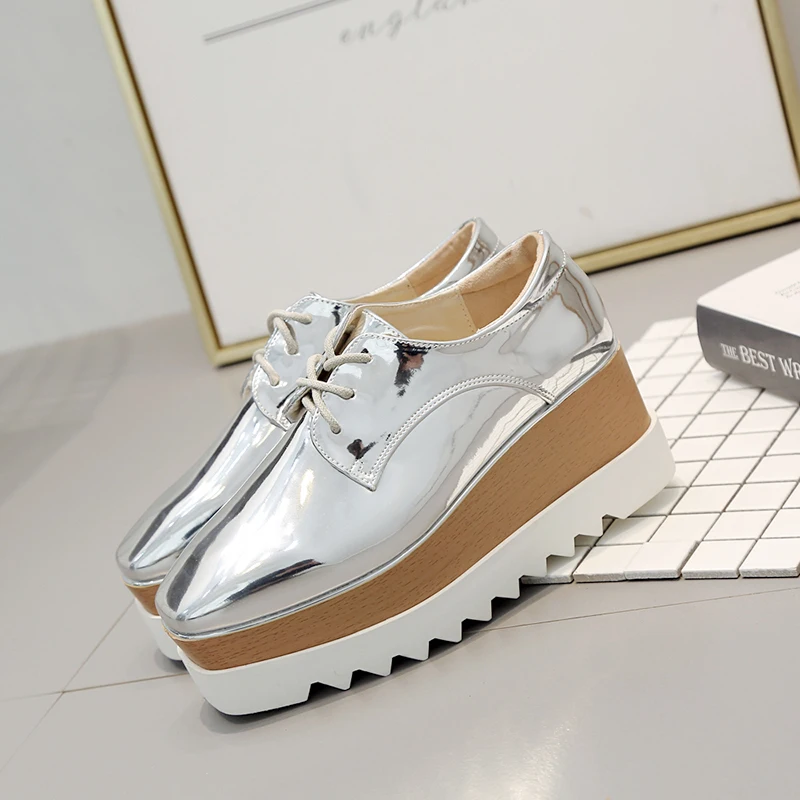 

Women Silver Platform Shoes Lace-Up Wedges Flat Shoes Increase Casual Shoes