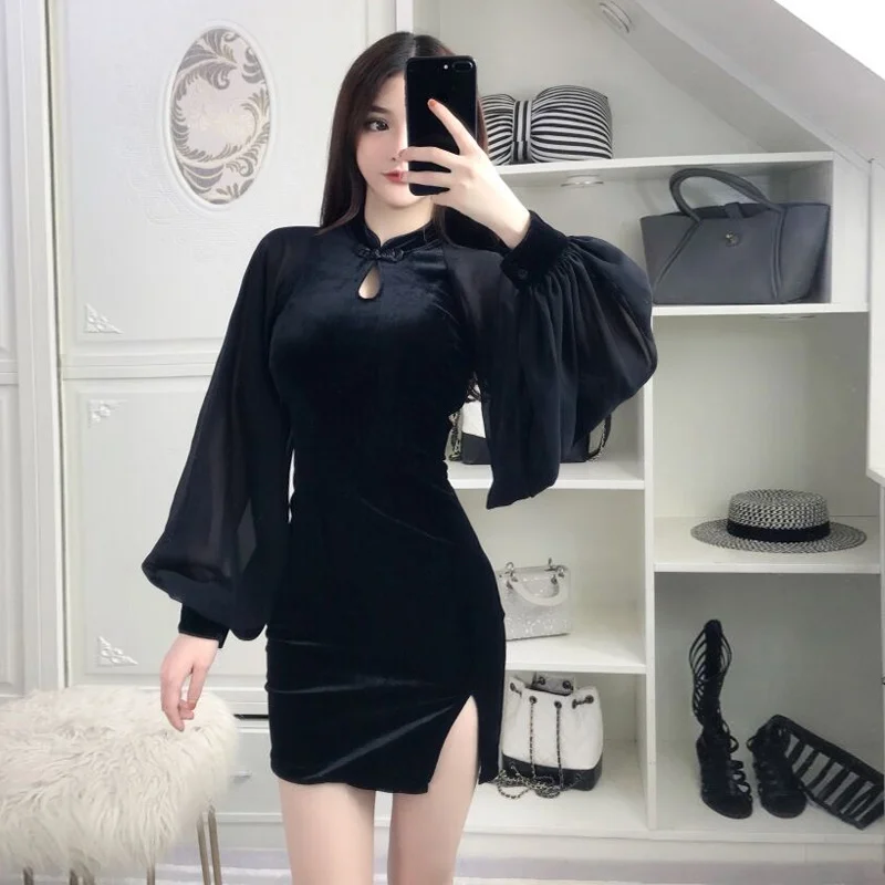 

Spring Sexy Chiffon Lantern Sleeve Retro Slim Hip Dress Women