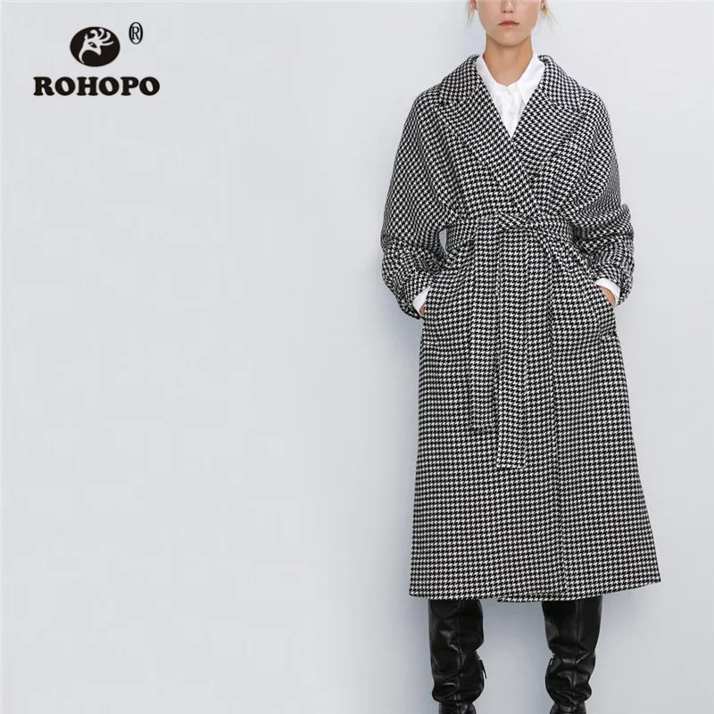 ROHOPO Houndstooth пояс Зубчатый воротник миди серый смесь Пальто Кнопки для пряжки Culf