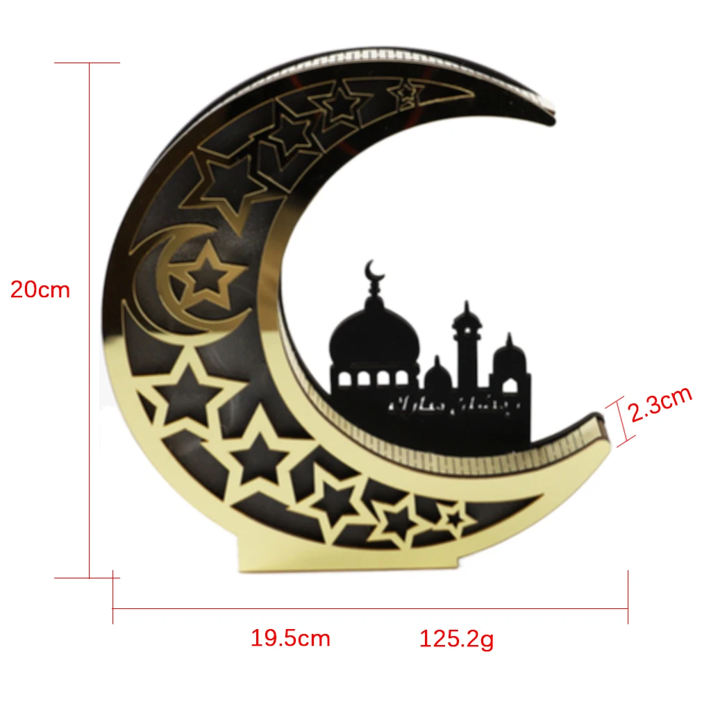 

1pc Wooden Eid Mubarak Ramadan Mirror Golden Moon Castle Hollow Letters with LED Lights Dining Table Decoration Crafts