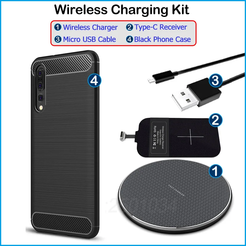 

Wireless Charging for Huawei P20 Pro Qi Wireless Charger+USB Type C Receiver Adapter Gift Soft TPU Case for Huawei P20 Pro