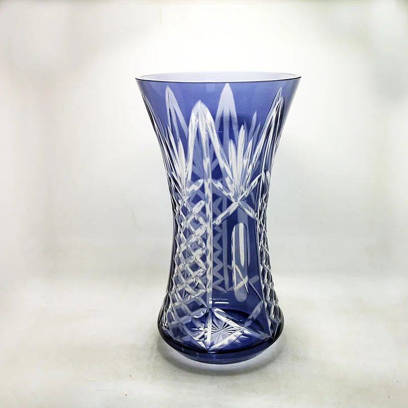 

Hand Carved Bohemian Czech Glass Elegant Cobalt Blue Cut To Clear Crystal Art Deco Flower Vase
