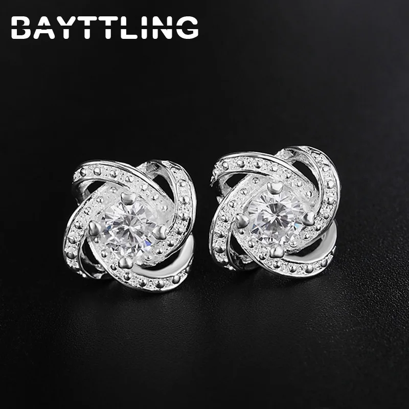 

BAYTTLING Hot Sale Silver Color 15MM Exquisite Flower AAA Zircon Stud Earrings For Women Fashion Christmas Jewelry Gifts
