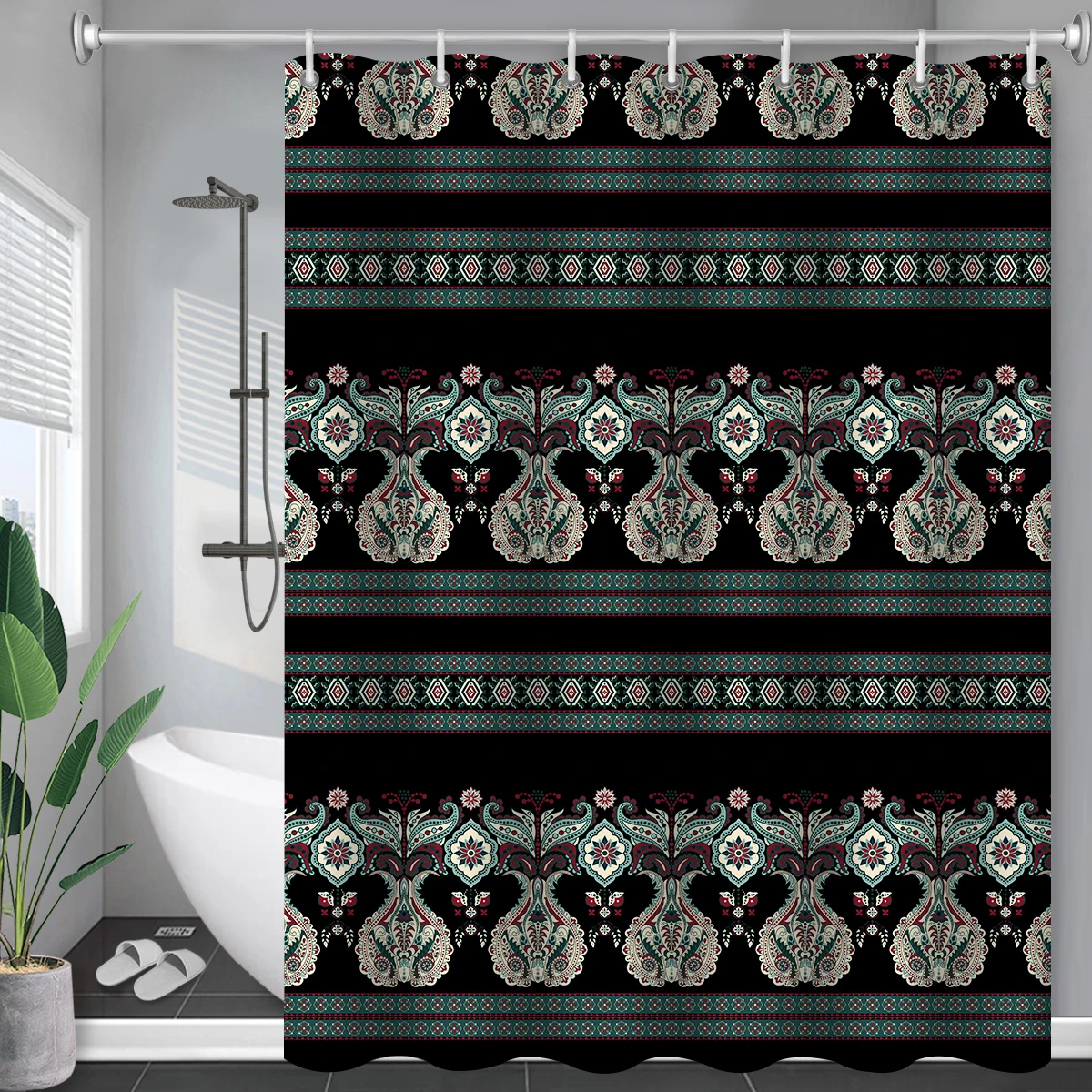 Boho White Modern Fabric Black Shower Curtain Liner Bathroom Accessories Duschvorha Geometric Strip Print Waterproof  With Hooks