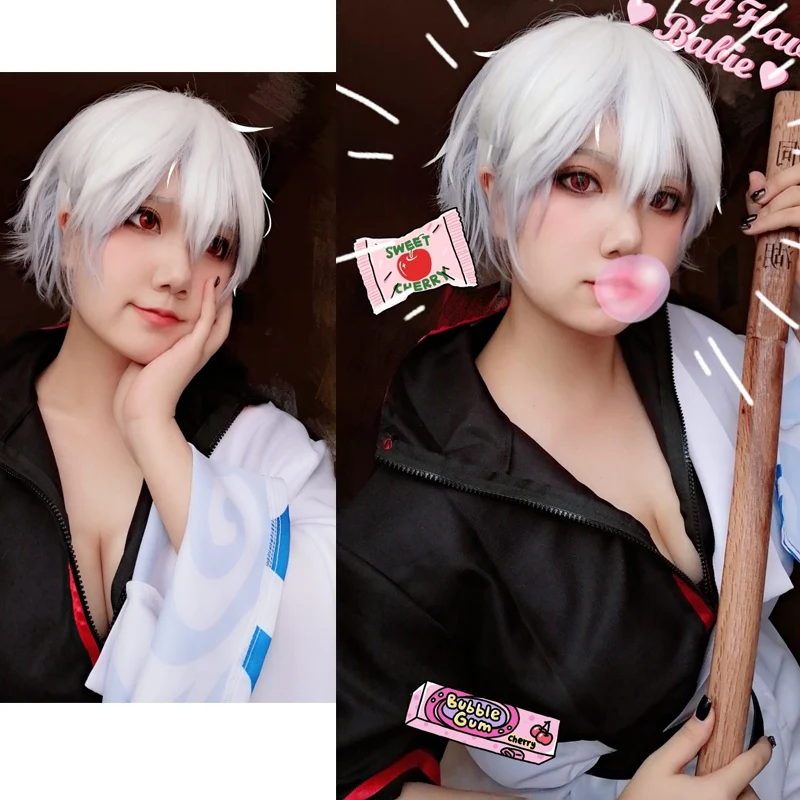 

Anime GINTAMA Costumes Sakata Gintoki Cosplay Kimono Tops +Coat+Pants Wigs Full Sets For Women and Mens Halloween Outfit
