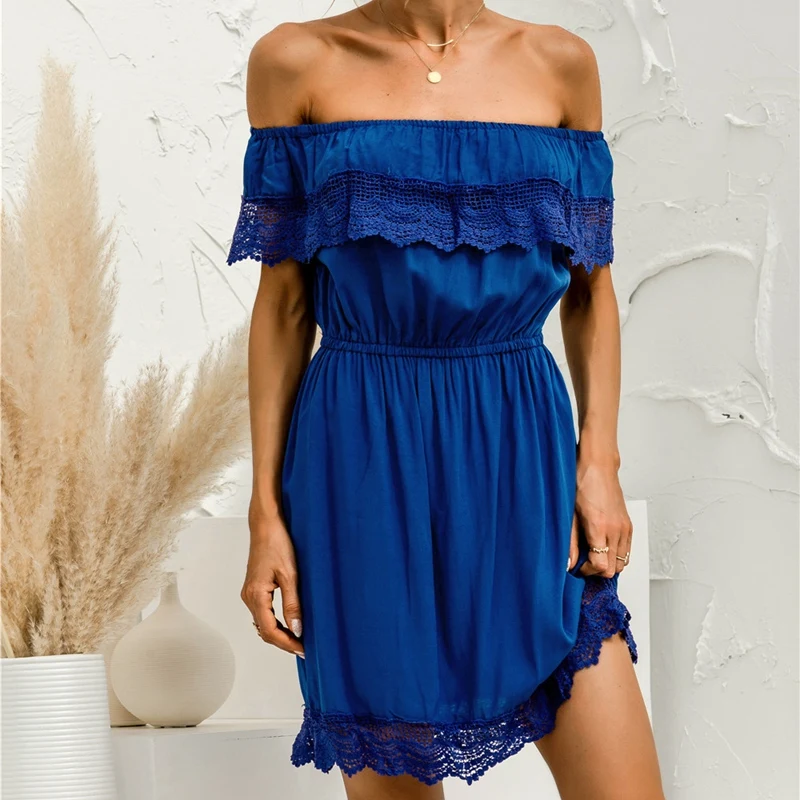 

Off Shoulder Hollow Lace Stitching Sexy Ruffled High Waist Dress for Women Summer Party Mini Dress