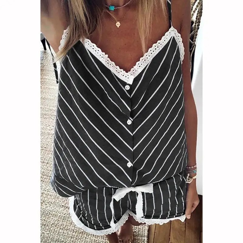 Striped Split Pajama Women 2020 New European Sexy V-neck Suspender Underwear Set