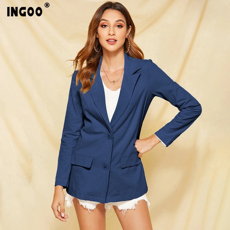 INGOO синие женские длинные блейзеры повседневные Элегантные рабочие однотонные