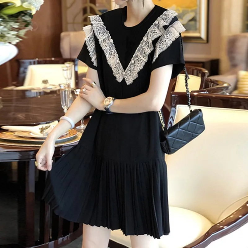 

2021 Summer Woman Dress Casual Solid Patchwork Lace Pleated Short Sleeve Knee-length Female Elegant Fashion Dress Vestidos