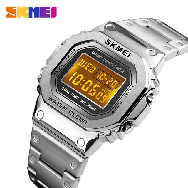 Skmei 1456 мужские G-style цифровые часы из нержавеющей стали с хронографом обратного отсчета наручные часы ударный светодиодный спортивные часы skmei montre homm - Цвет: Серебристый