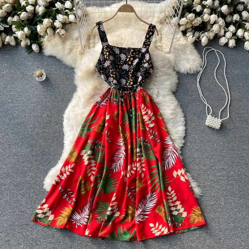 

Women Floral Print Strap Dress Summer Sexy Square Backless Long Chiffon Dresses Female Elegant Bohemian Party Dress Vestidos New