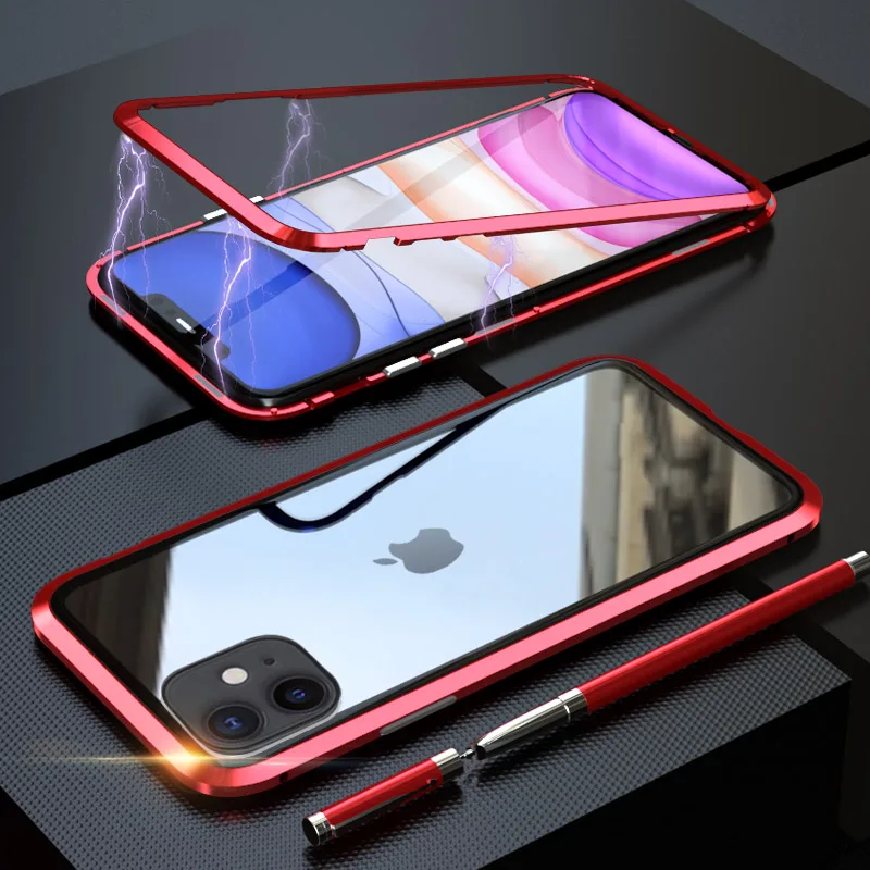 red Back glass Металлический магнитный адсорбционный чехол для iphone 11, чехол из закаленного стекла для iphone 11 pro max, Новые Чехлы, бампер, чехол - Цвет: red Back glass