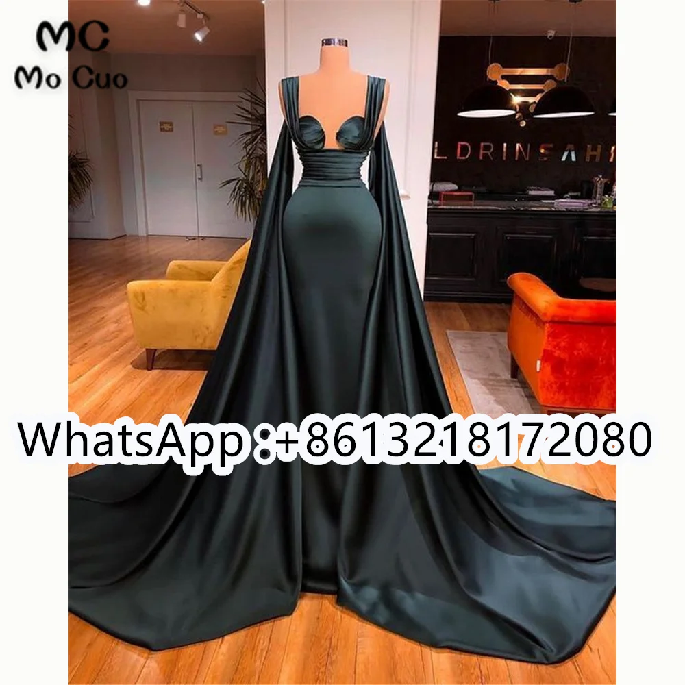 

2021 Teal Prom Evening Dresses Long with Pleat Side Slit Ruched Elastic Satin Robe De Soiree Party Prom Gown