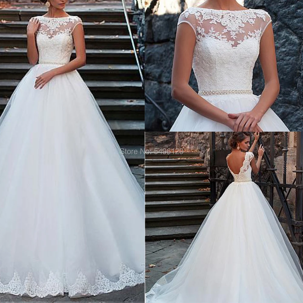 

Classic Jewel Neck Backless Wedding Dresses with Beaded Sash Lace Appliques Illusion Tulle Bridal Dress Robe De Mariee 2020